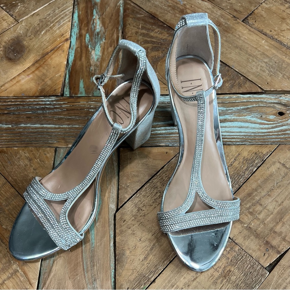 INC International Concepts Silver Embellished Block Heel T-Strap Sandals Women 8